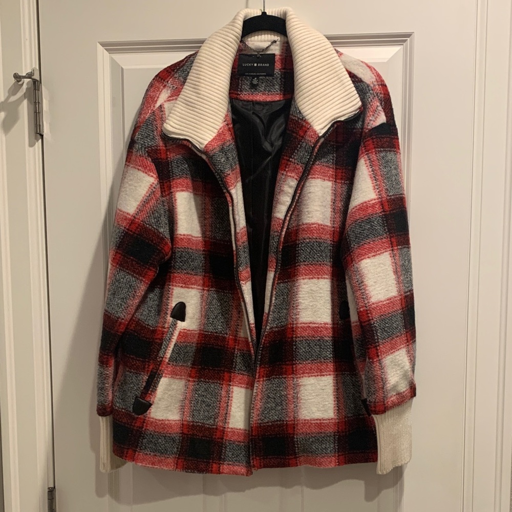 Lucky Brand Women's Red and Black Plaid Pea Coat